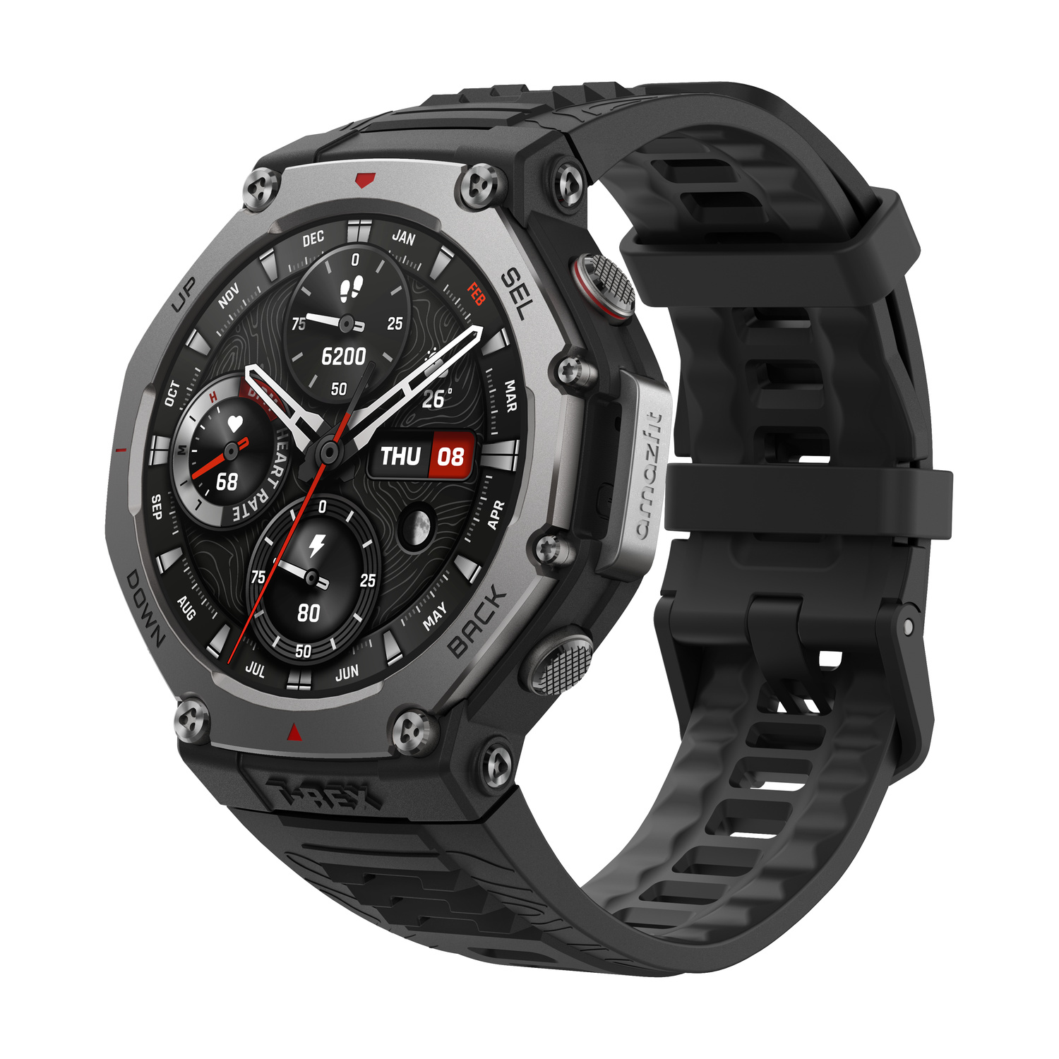 Uno smartwatch grigio e nero con cinturino nero. Il quadrante mostra ora, data e frequenza cardiaca.