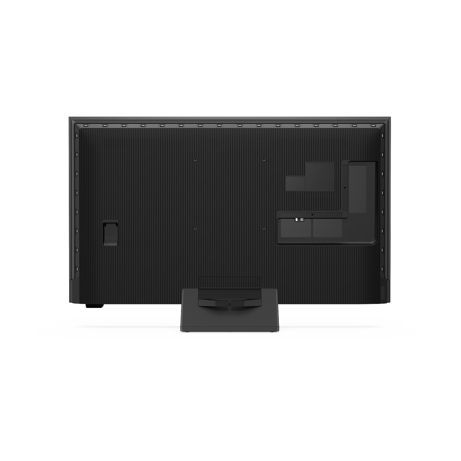 Back view of a black television with ports and a stand.