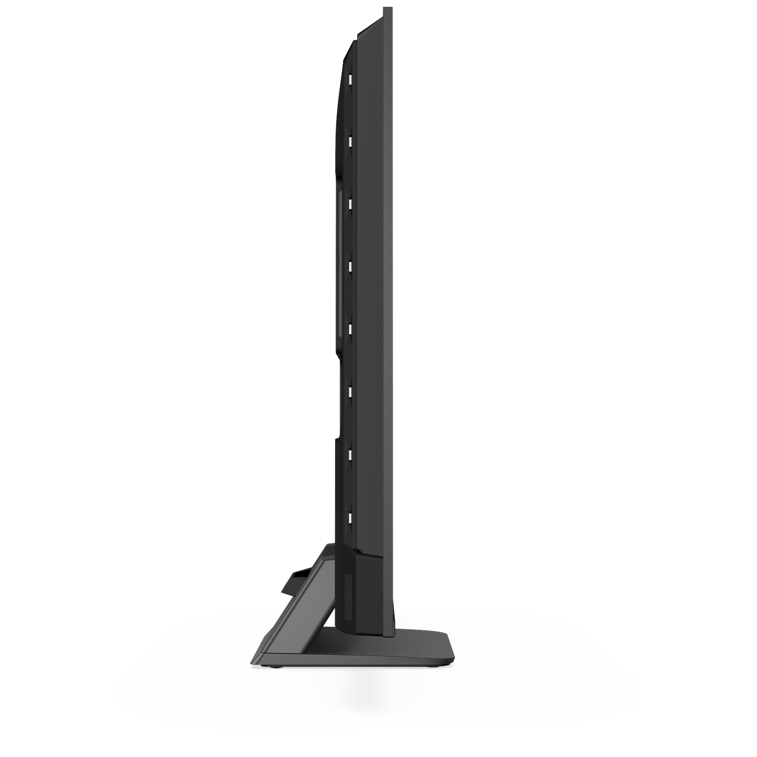 Black television from the side on a gray background with a stand.