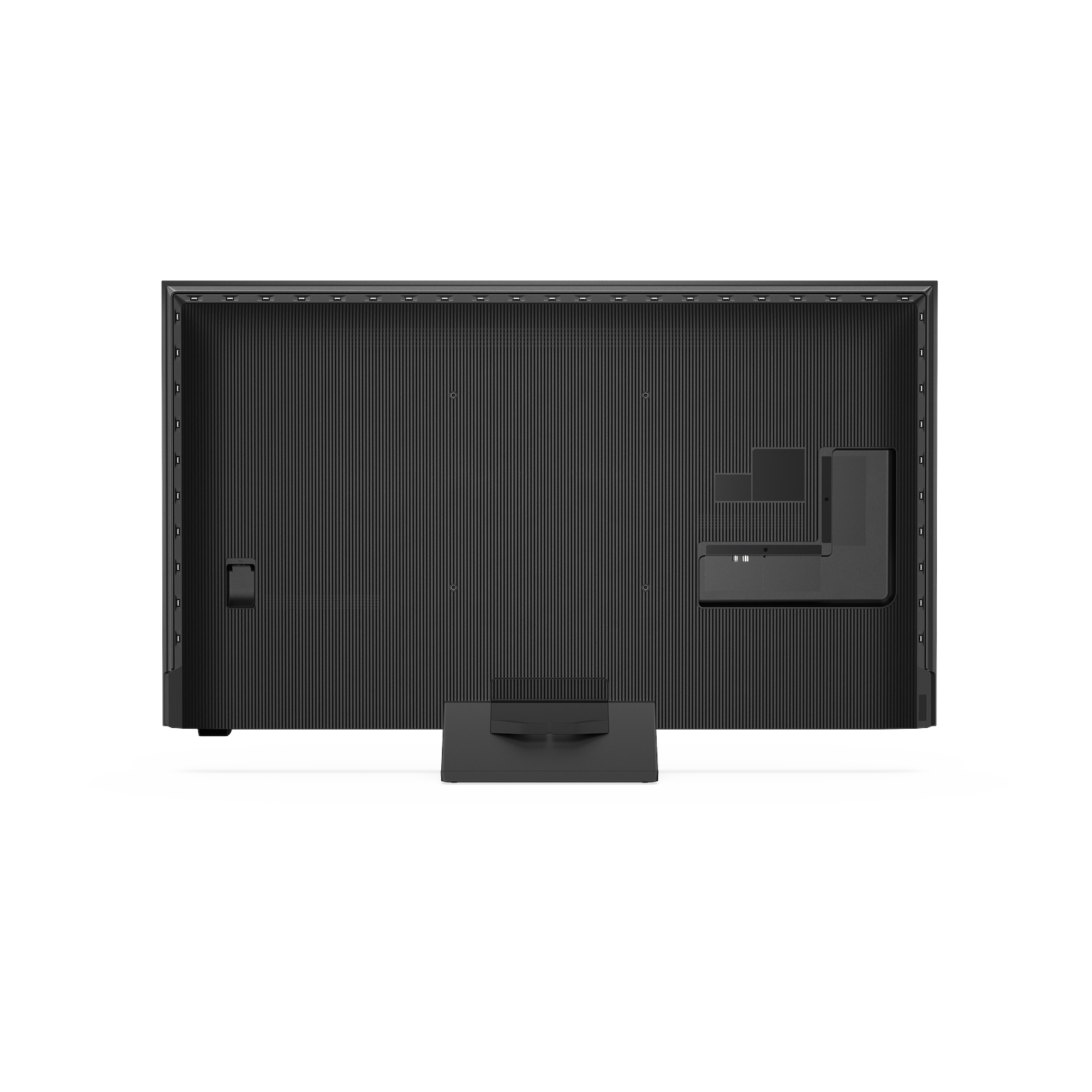 Back of a black television with a ribbed casing and ports.