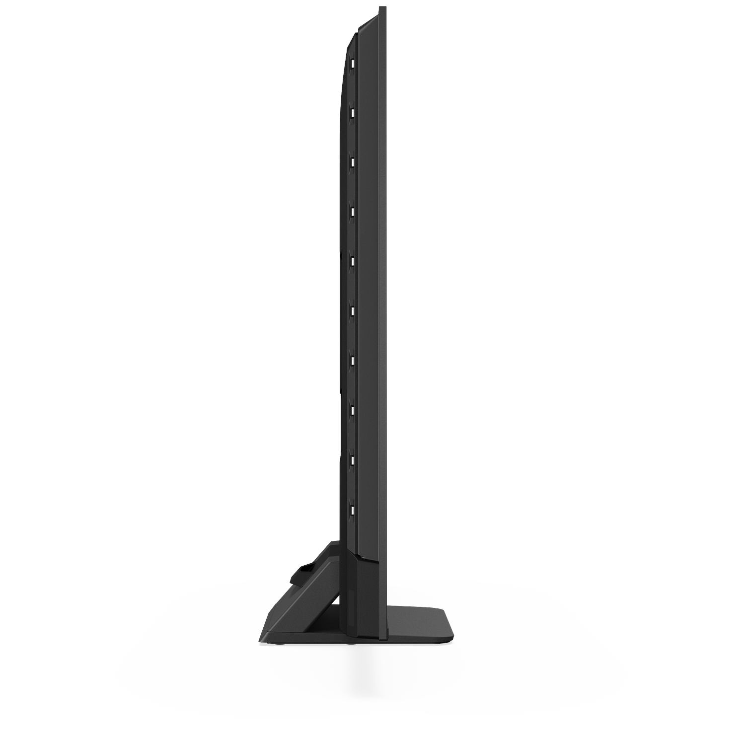 Side view of a black television with a wide base.