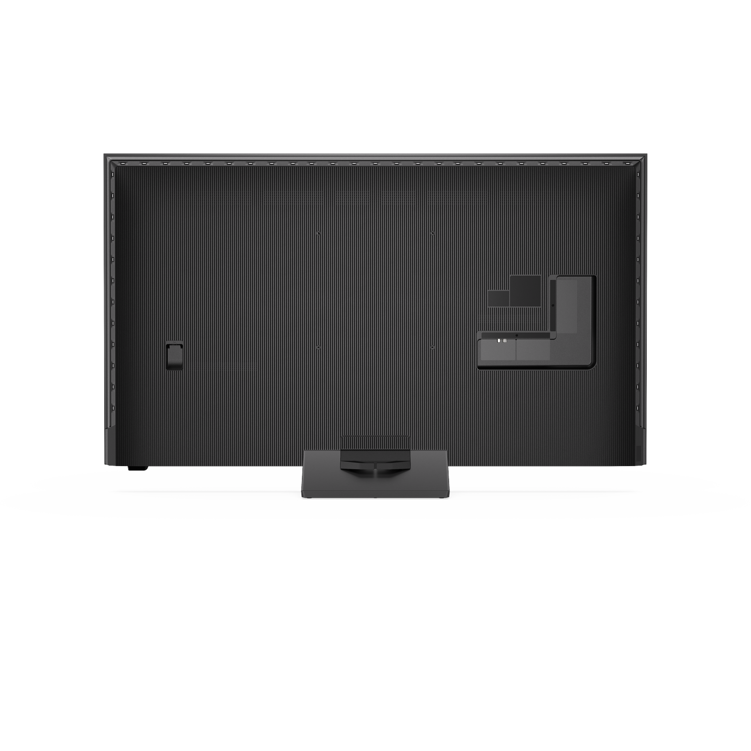 Back view of a black TV on a stand, with a textured surface and ports.