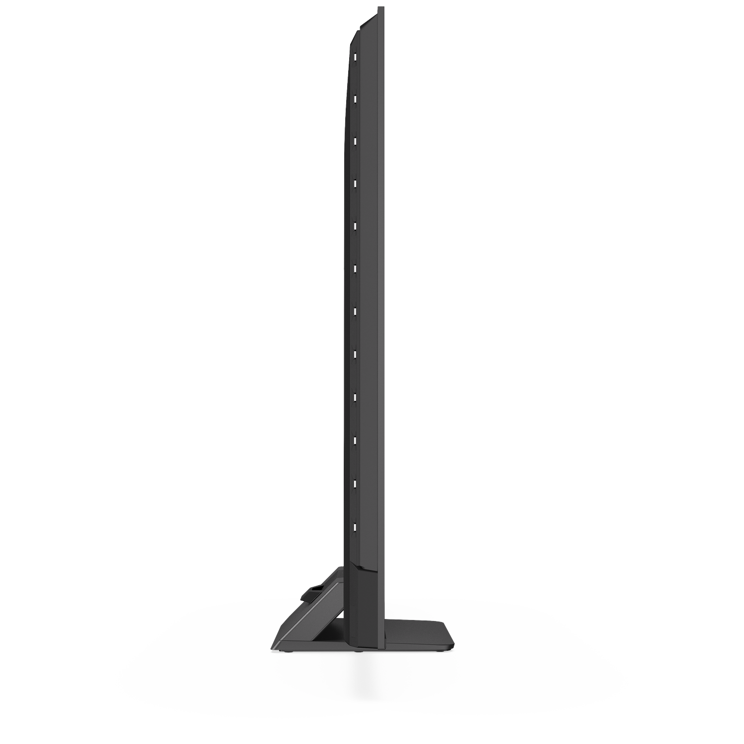 A slim, black television set with a wide stand, viewed from the side.
