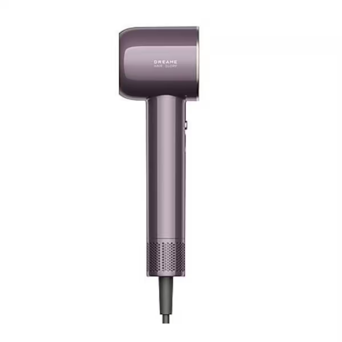 Un secador de pelo morado con detalles plateados y un cable oscuro.