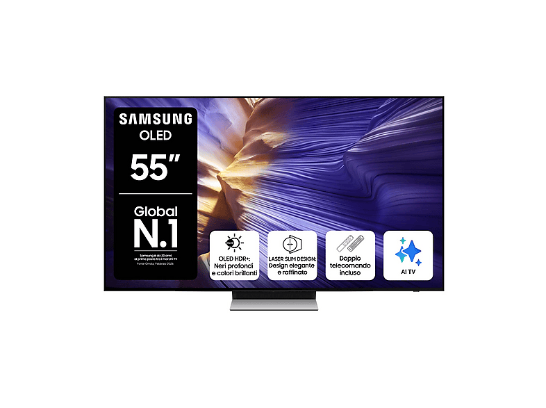 SAMSUNG QE55S90FAEXZT, Smart TV OLED 55'', Vision AI, 4K, Processore NQ4 AI Gen3, 4K Upscaling Pro, Schermo antiriflesso, HDR, Dolby Atmos & OTS Lite, Laser Slim Design