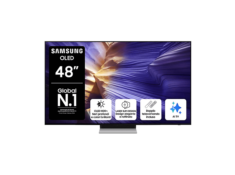 SAMSUNG QE48S90FAEXZT, Smart TV OLED 48'', Vision AI, 4K, Processore NQ4 AI Gen3, 4K Upscaling Pro, Schermo antiriflesso, HDR, Dolby Atmos & OTS Lite, Laser Slim Design