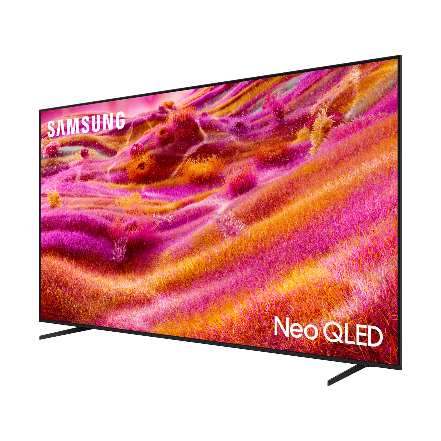 Una TV Samsung Neo QLED che mostra un'immagine vibrante di erba rosa e arancione.