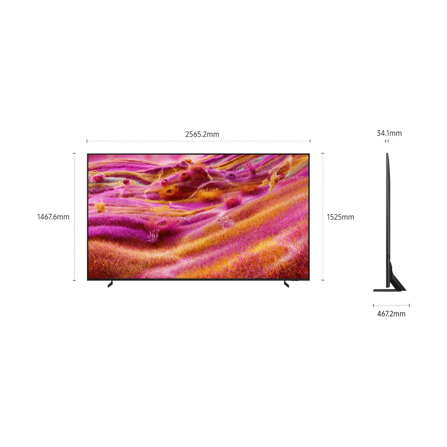 Una TV grande con motivo viola e arancione viene mostrata con dimensioni.