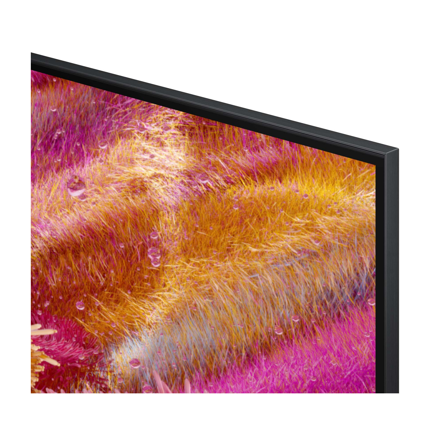 Primo piano di uno schermo TV con erba astratta rosa e arancione con gocce d'acqua.