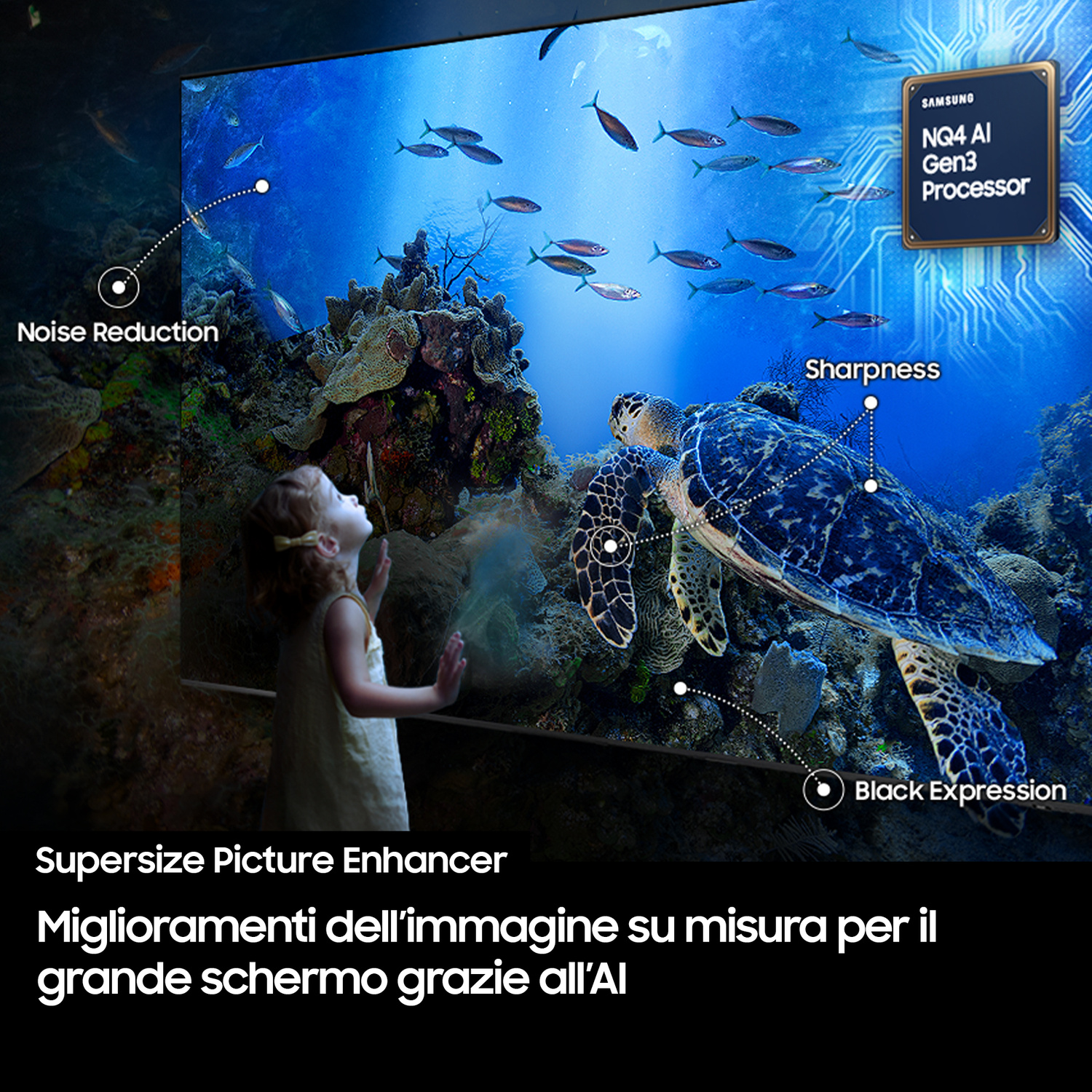 Una bambina guarda un TV con una scena subacquea, tartaruga e pesci.