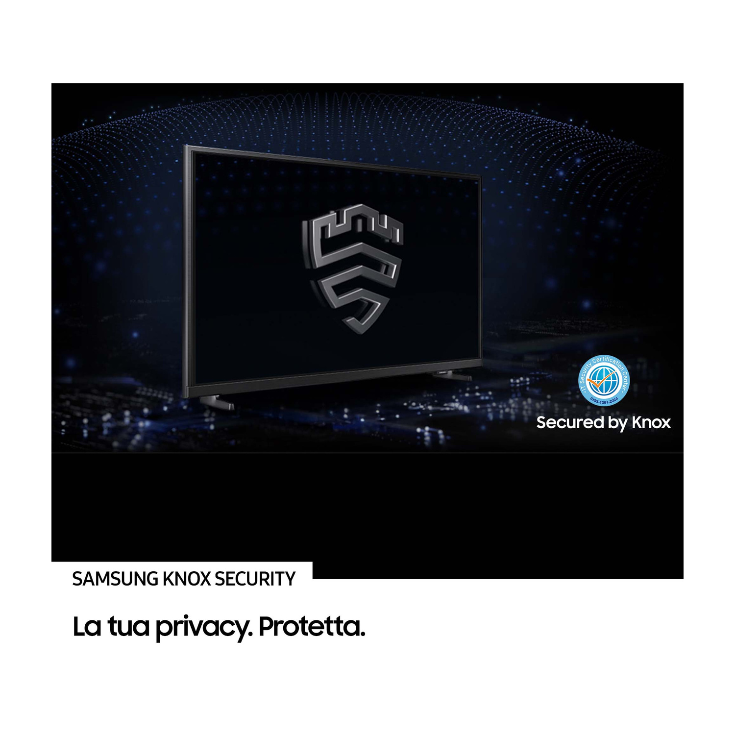 Una TV Samsung con il logo Samsung Knox Security, protetta da Knox.