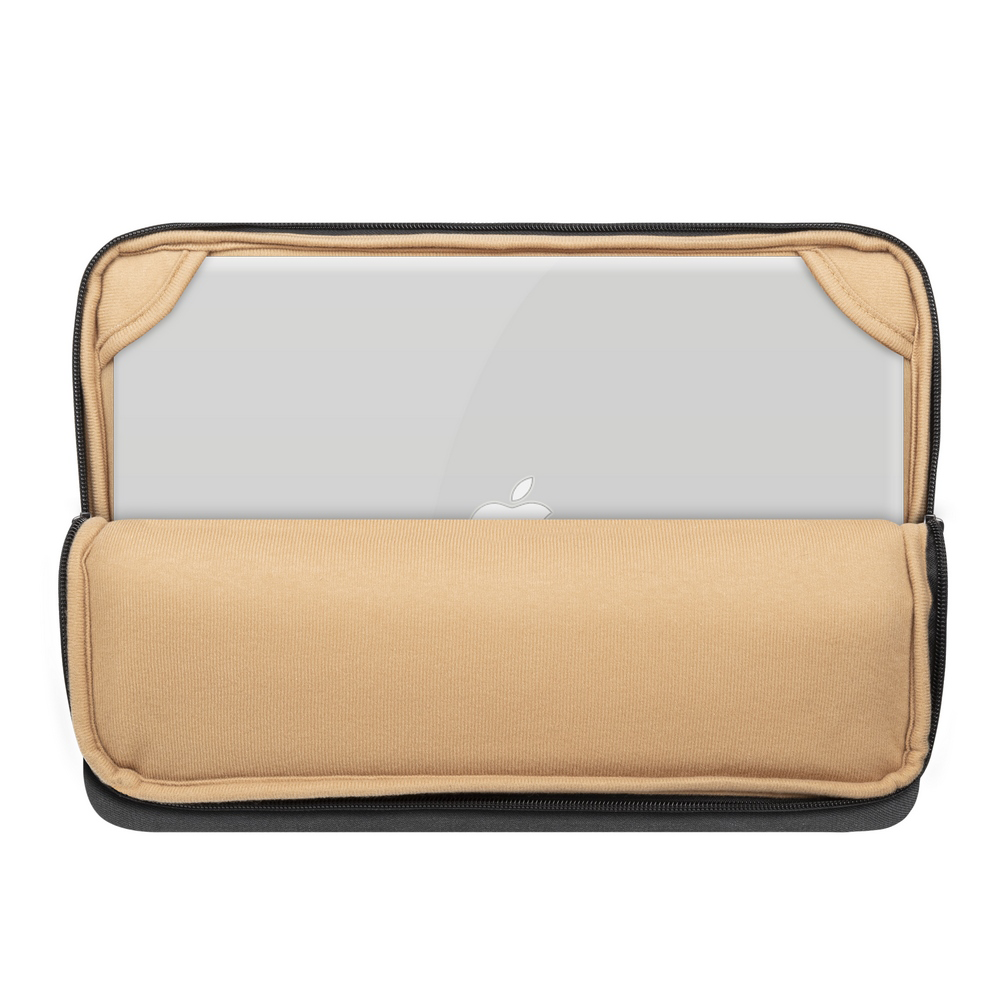 Szürke laptop tok, képernyőn látható Apple logóval.