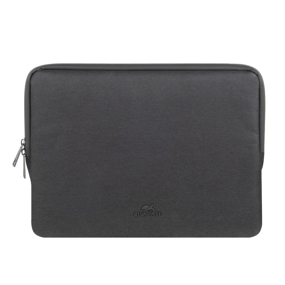 Sötétszürke laptop táska cipzárral és logóval fehér háttéren.