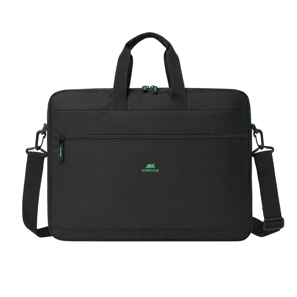 Egy fekete RIVACASE laptop táska zöld díszítéssel és fogantyúkkal, fehér háttérrel.