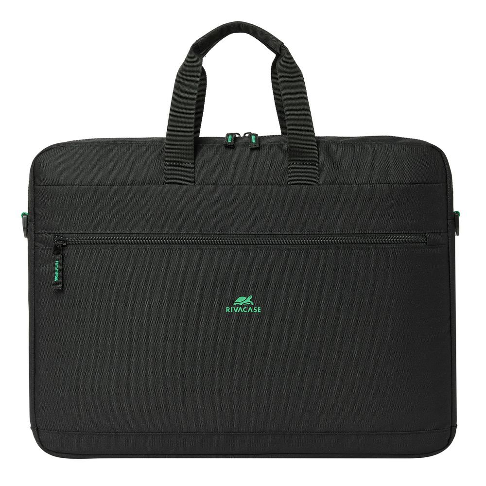 Fekete laptop táska két fogantyúval és cipzáras elülső zsebbel.