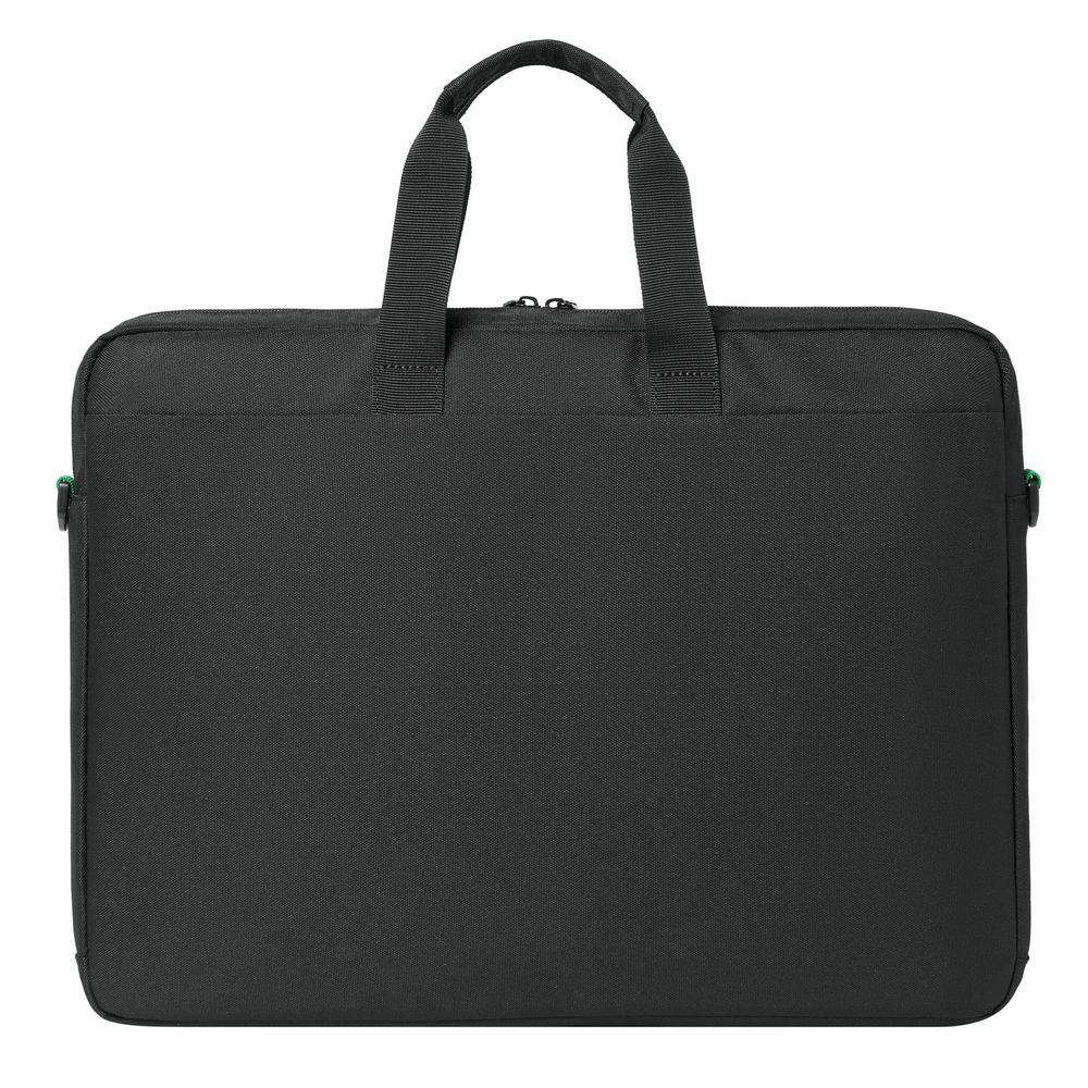 Fekete laptop táska két fogantyúval és cipzárral.