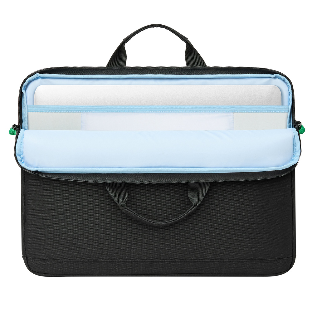 Fekete laptop táska, nyitott rekesszel, benne ezüst laptop, világoskék bélés.