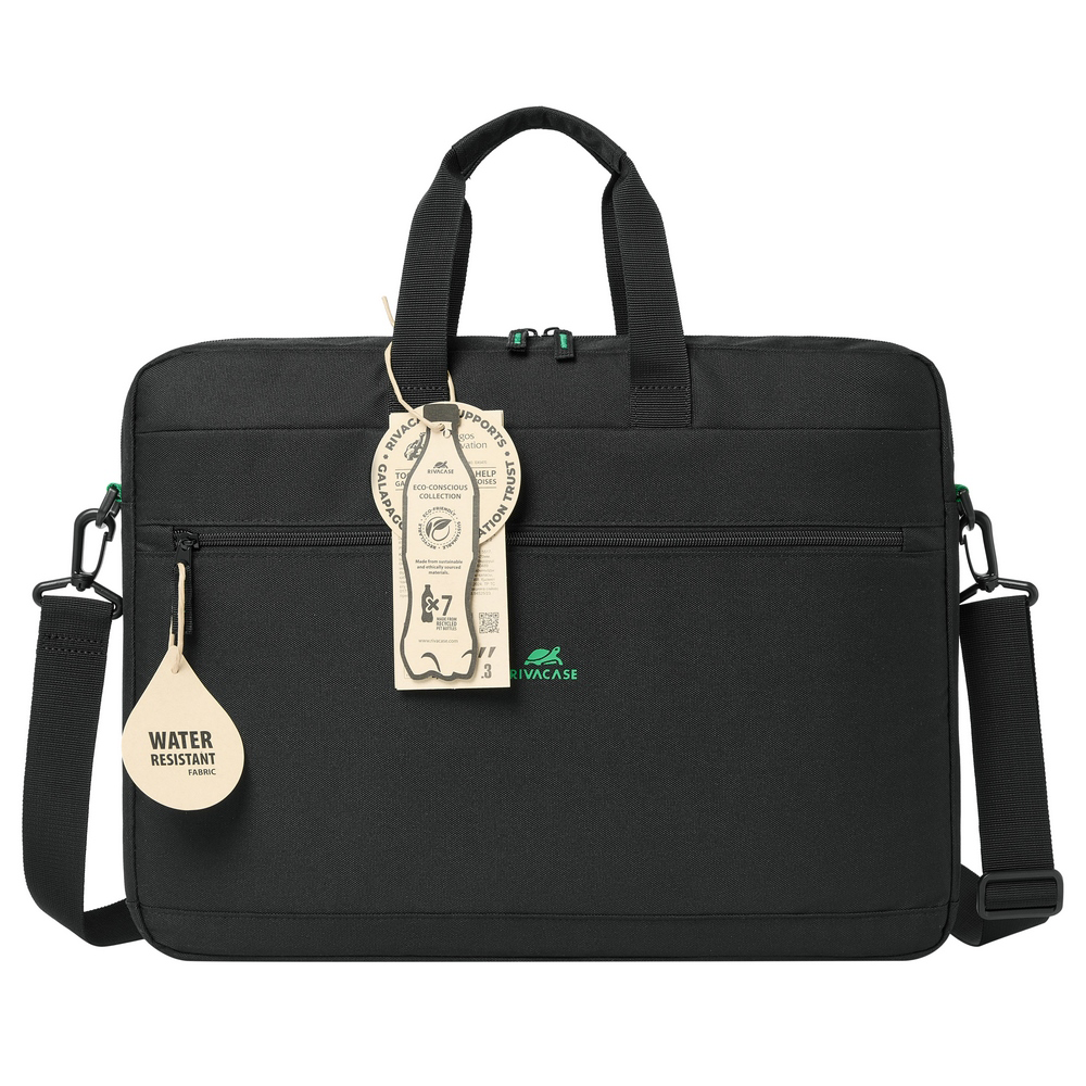 Fekete laptoptáska fogantyúkkal, vállpánttal és címkékkel.