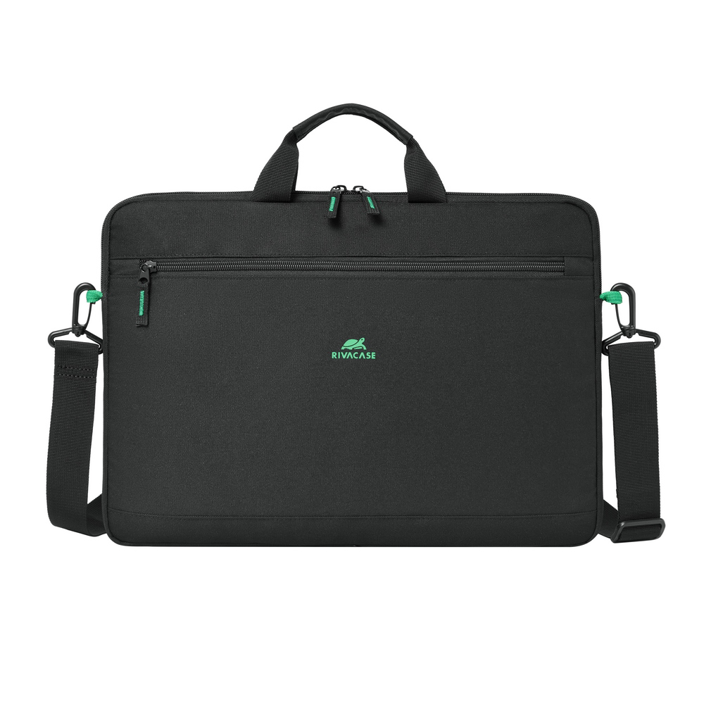 Fekete laptop táska fogantyúkkal, cipzárral és levehető pánttal.