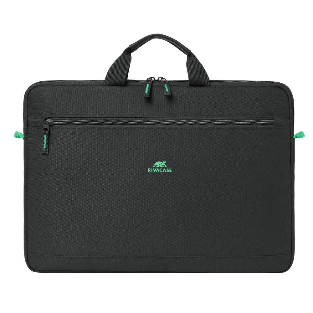 Fekete laptop táska két fogantyúval és zöld logóval.