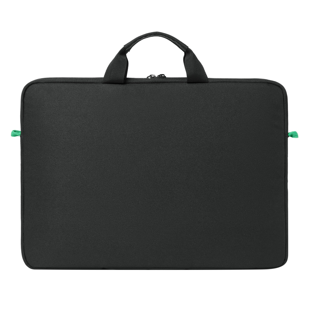 Fekete laptop táska két fogantyúval és cipzárral.