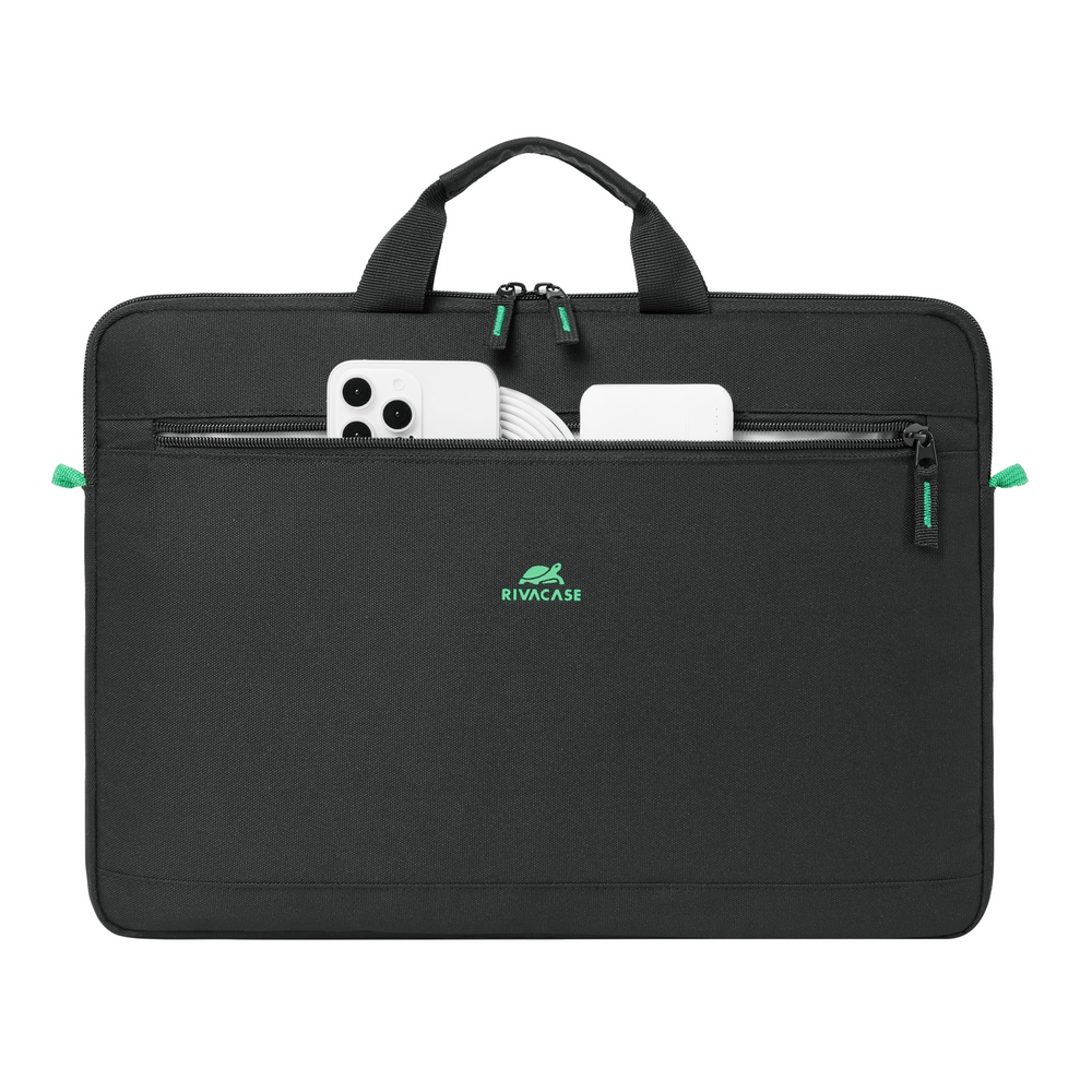 Fekete laptop táska elülső zsebbel, iPhone, kábel és töltő.