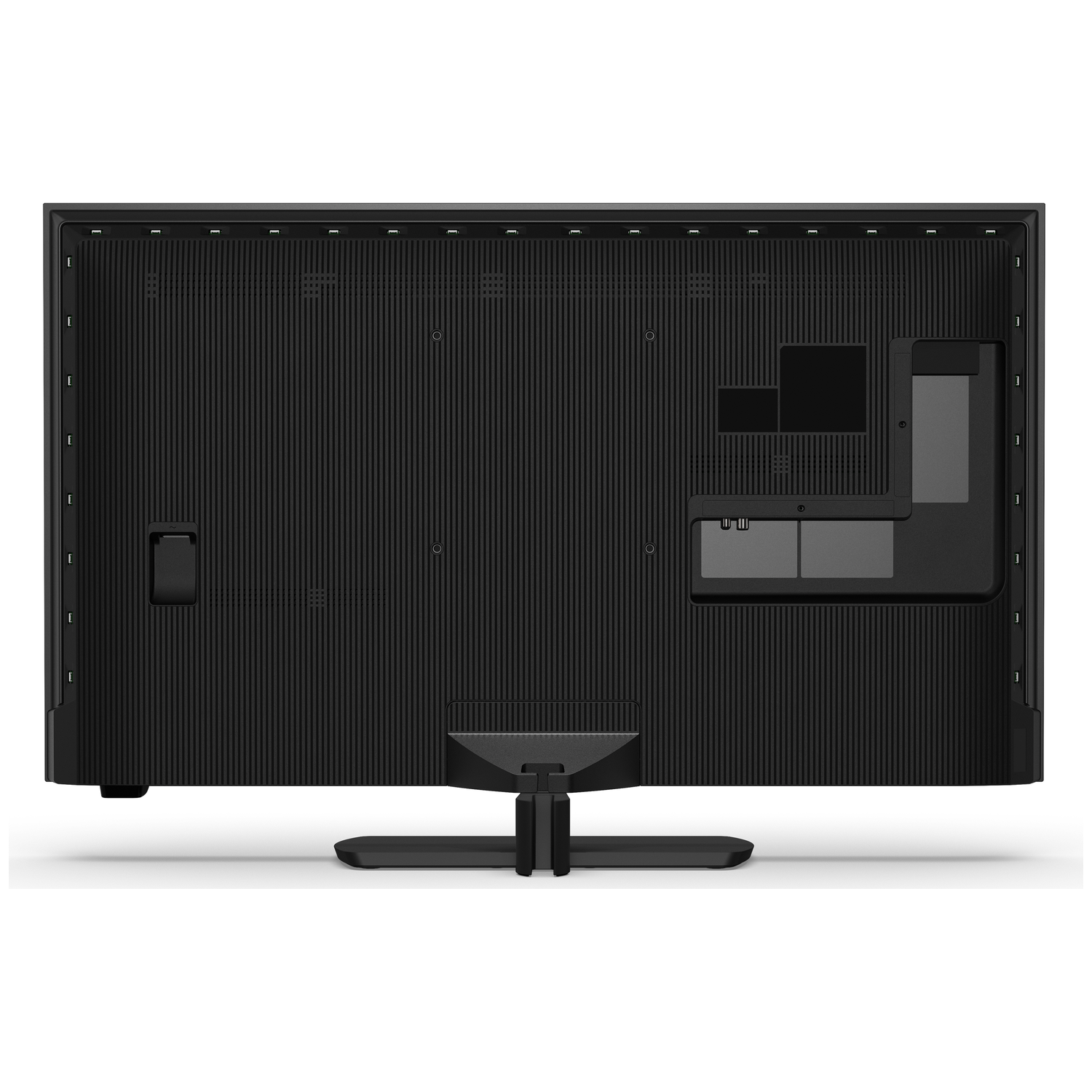 Back view of a black television with connection ports and a stand.