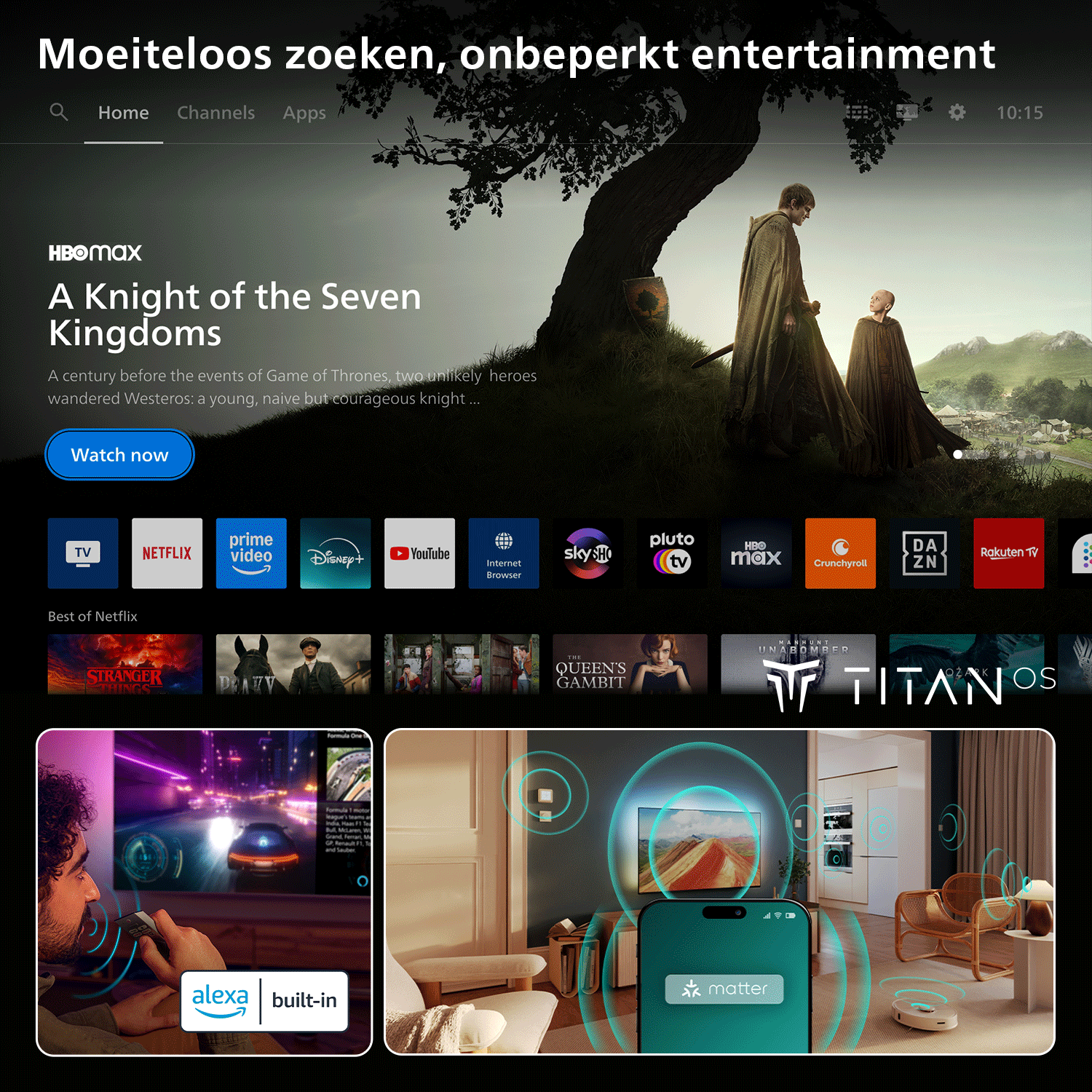Smart TV interface screenshot featuring HBO Max, Netflix, and other apps.