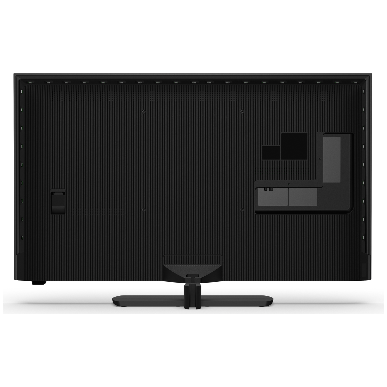 Back view of a black television with connection ports and a stand.