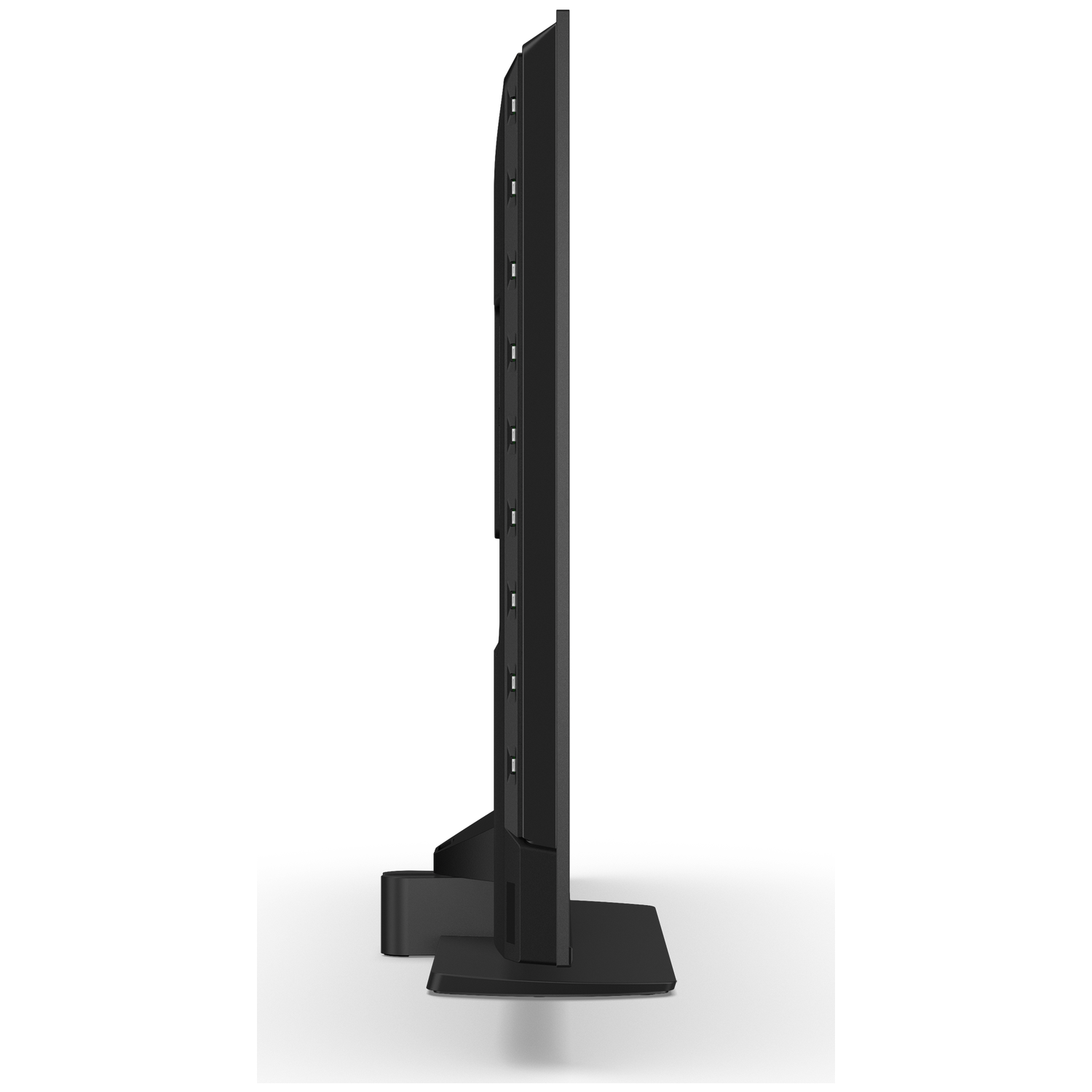Black television on a stand, viewed from the side.