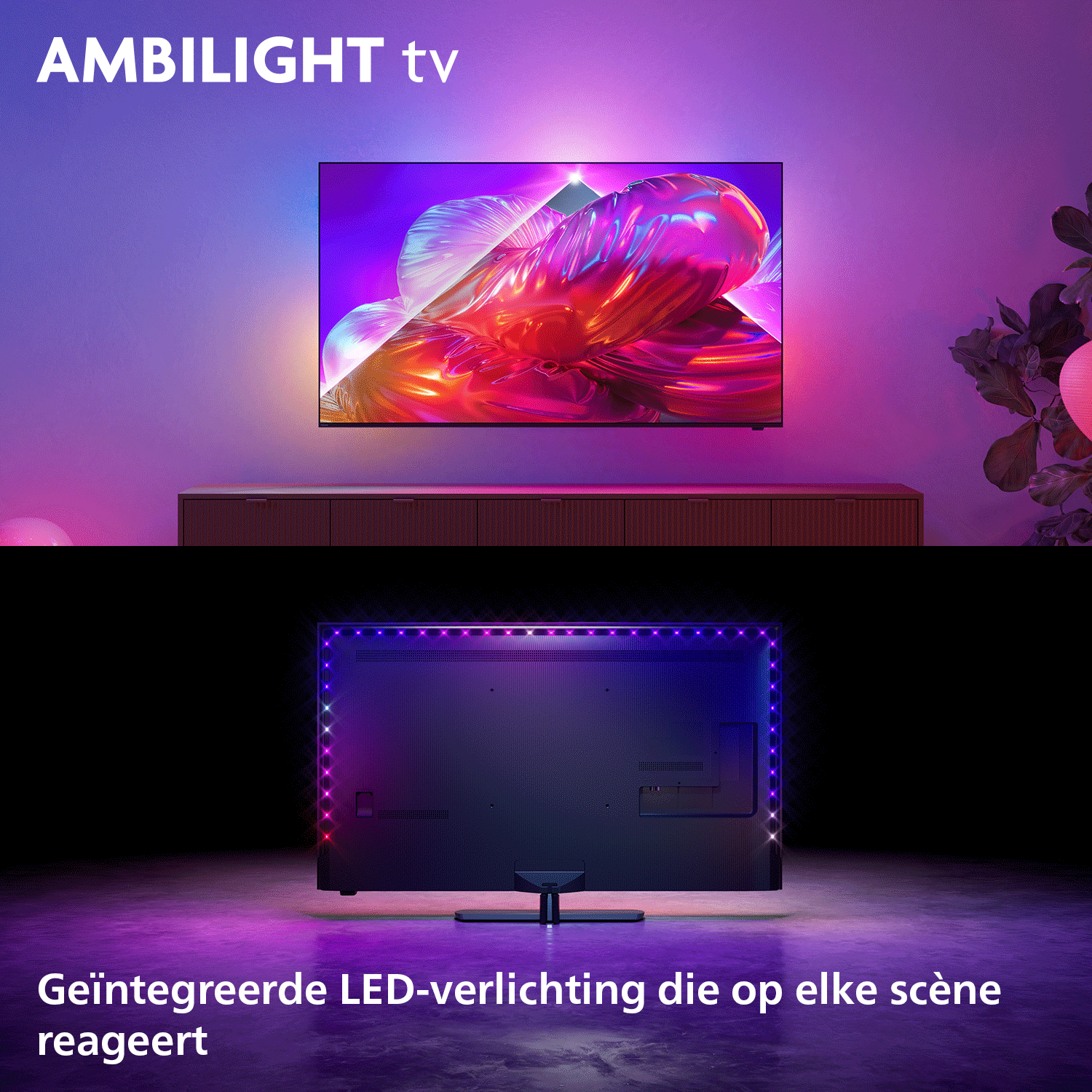Ambilight TV with colorful LED lighting that reacts to scenes.