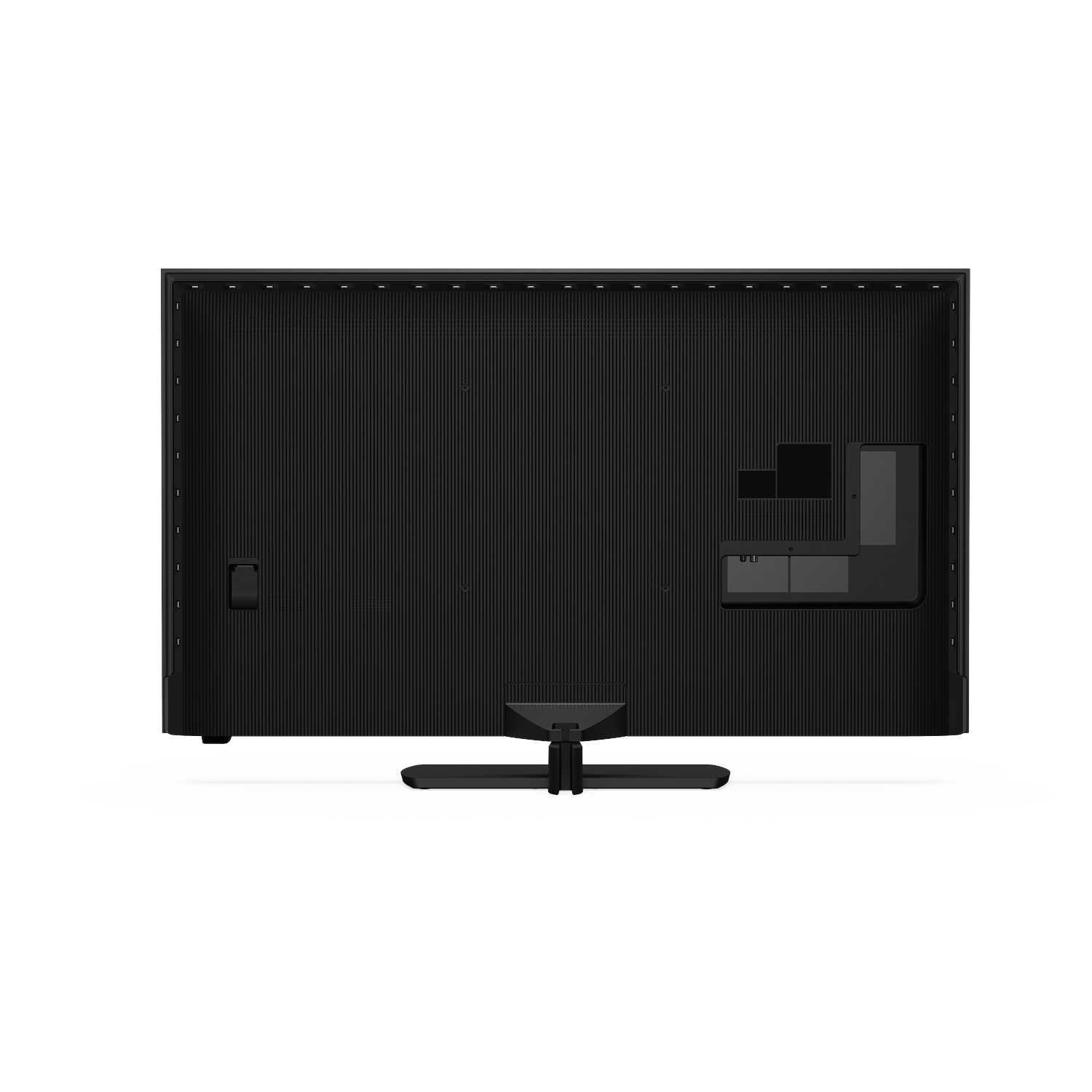 Back view of a black television with ports and a stand.