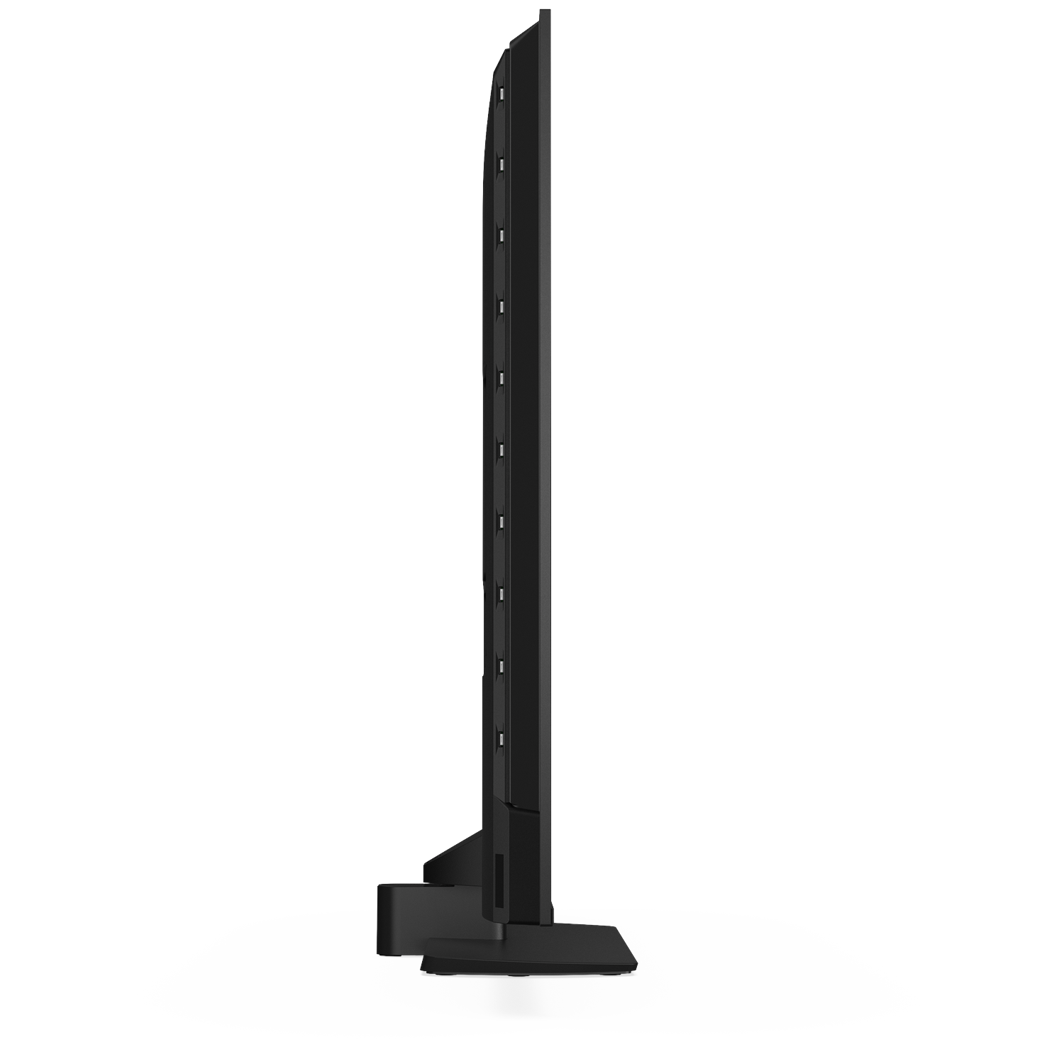 A black flat-screen television set on a stand, side view.
