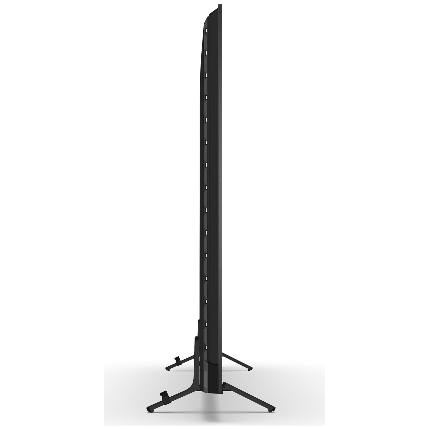 A black television in profile on a white background with two stands.