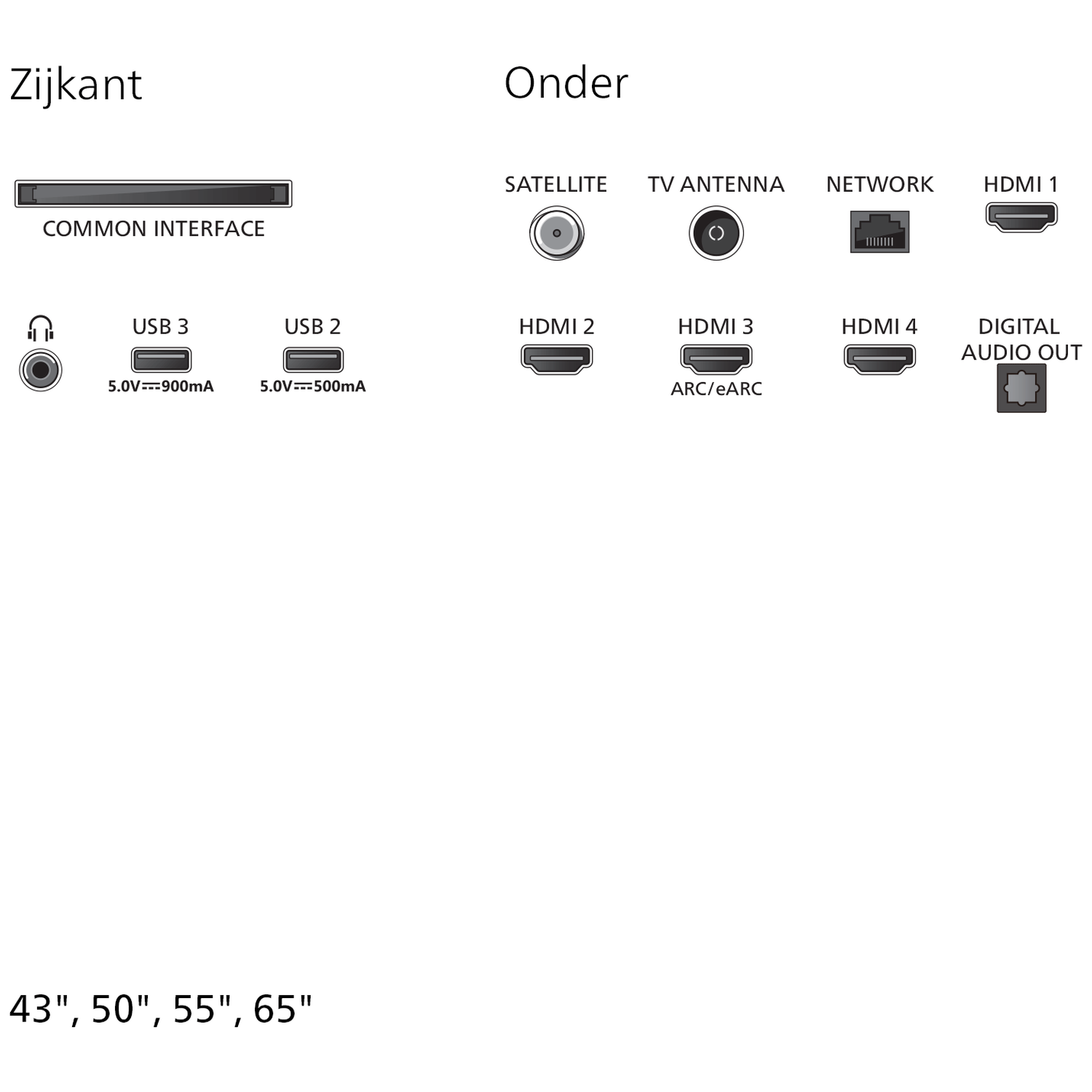 Connection port diagram: Common Interface, USB, HDMI, Network, Audio Out.