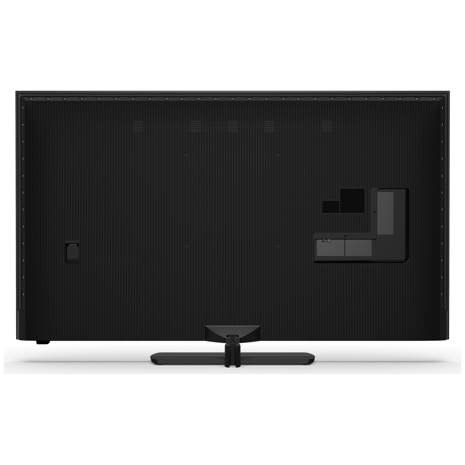 Back view of a black flat-screen TV with a ridged texture and stand.