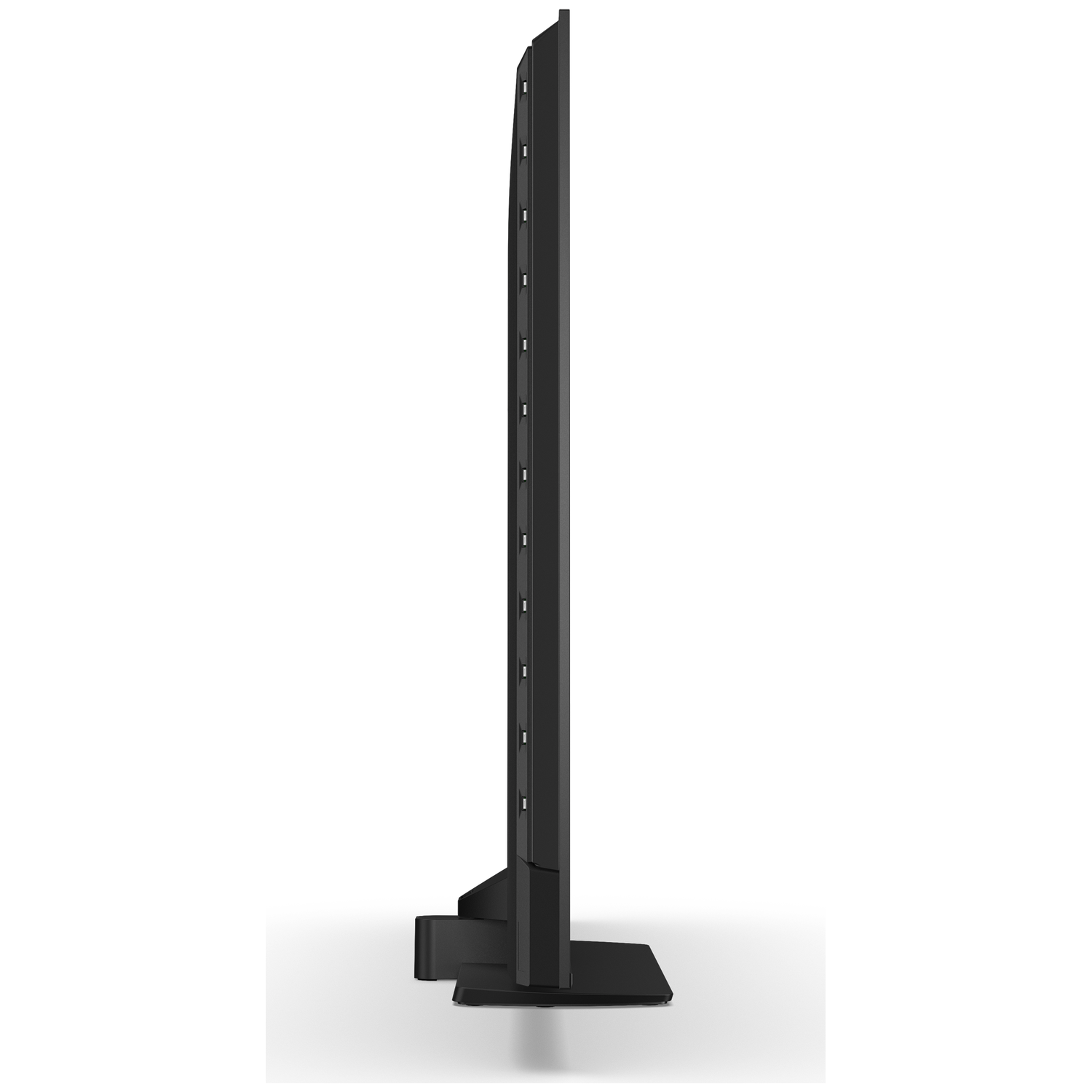 Side view of a black flat-screen TV with its stand on a white background.