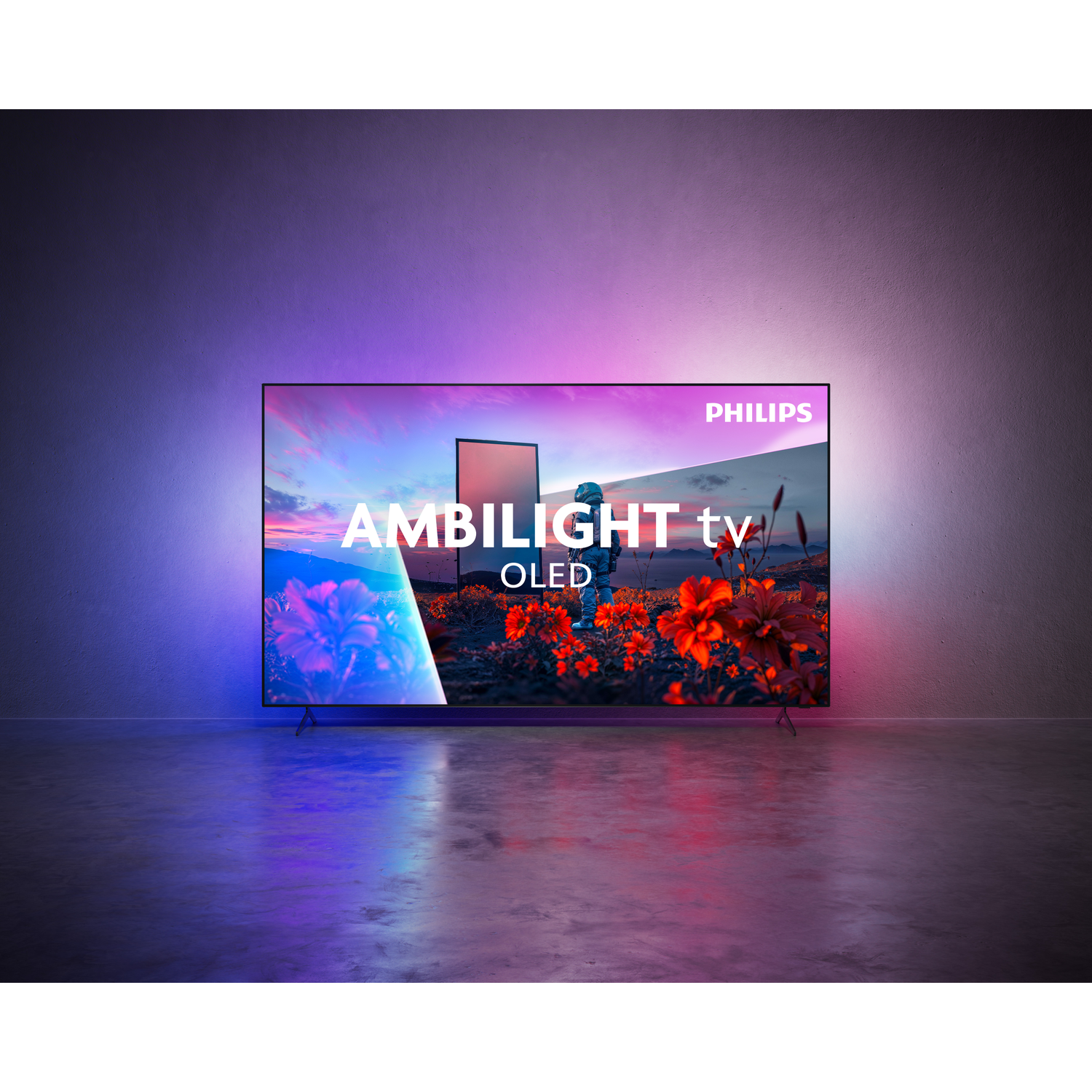 A Philips Ambilight OLED TV sits in a dark room, illuminated by blue and red light.