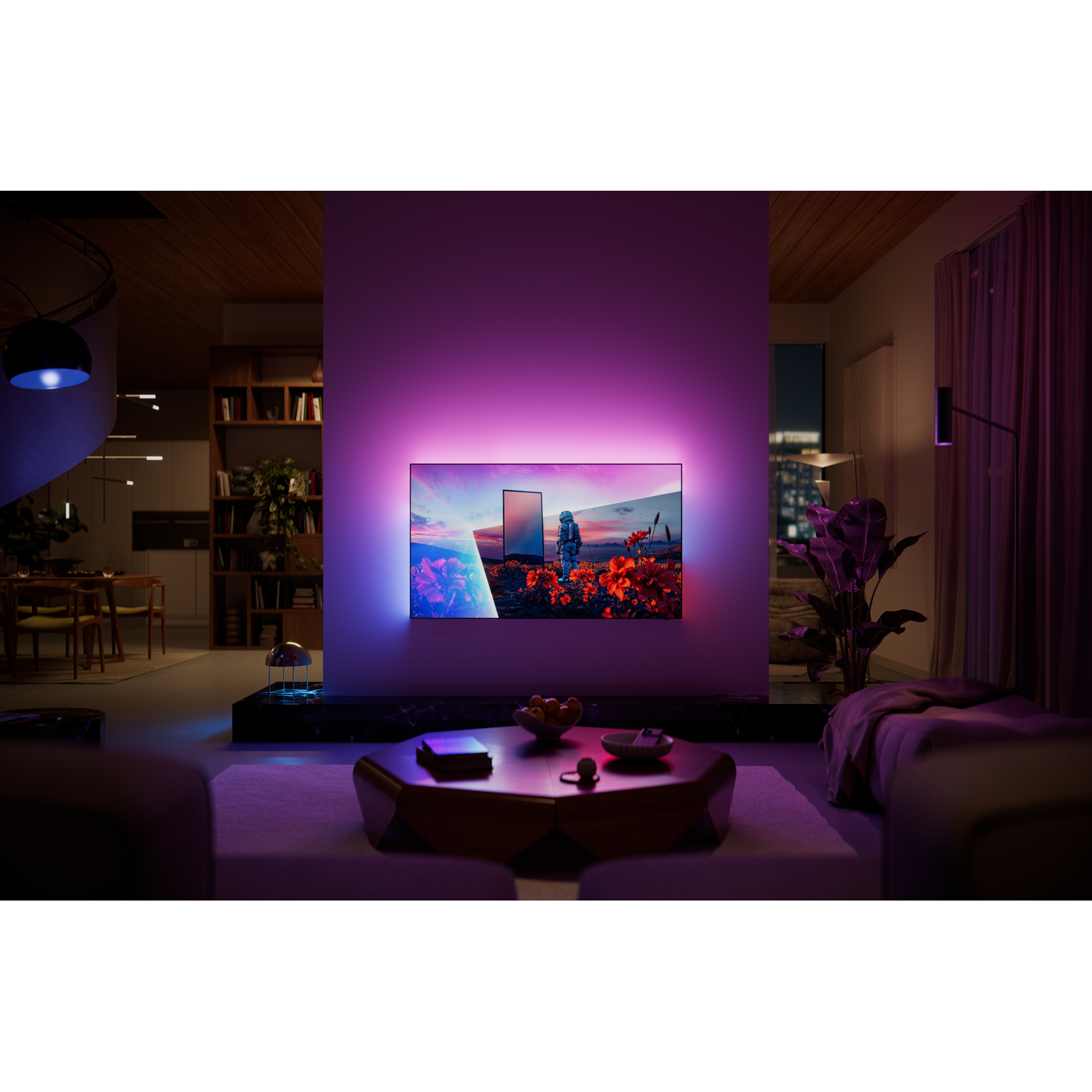 Modern living room with a large TV displaying an astronaut image, ambient purple lighting.