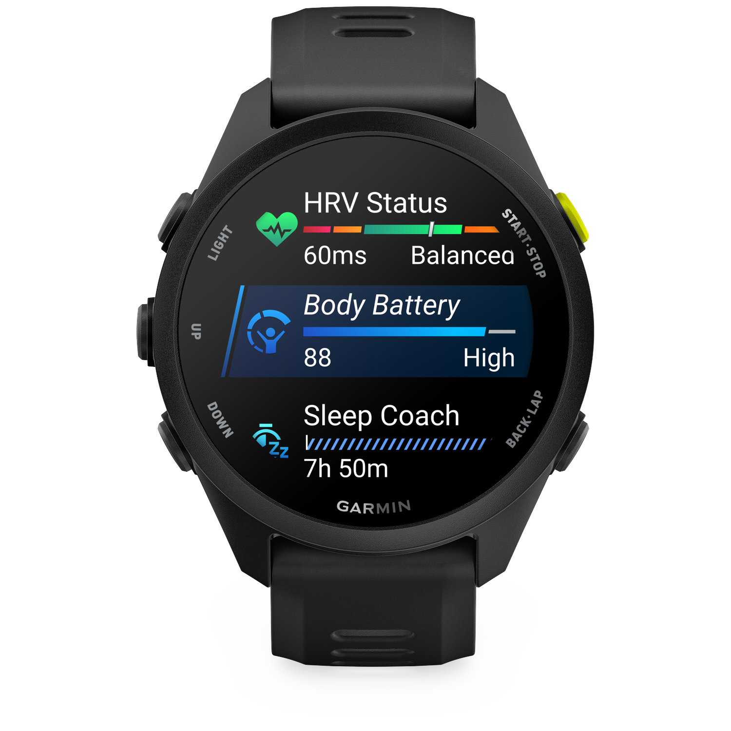 Reloj inteligente negro muestra estado HRV, Body Battery y Sleep Coach.