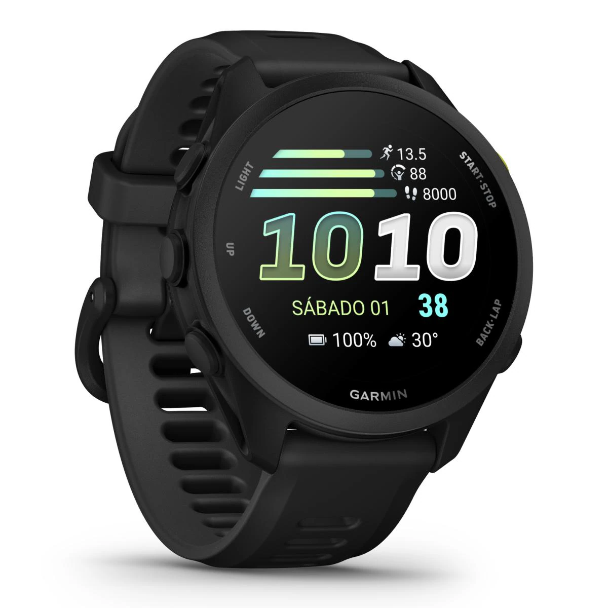 Reloj inteligente Garmin negro que muestra distancia, ritmo cardíaco y pasos.