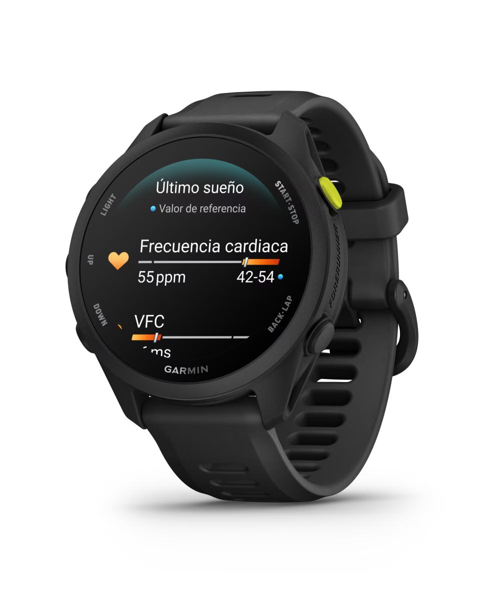 Reloj inteligente Garmin negro mostrando datos de frecuencia cardíaca y sueño.