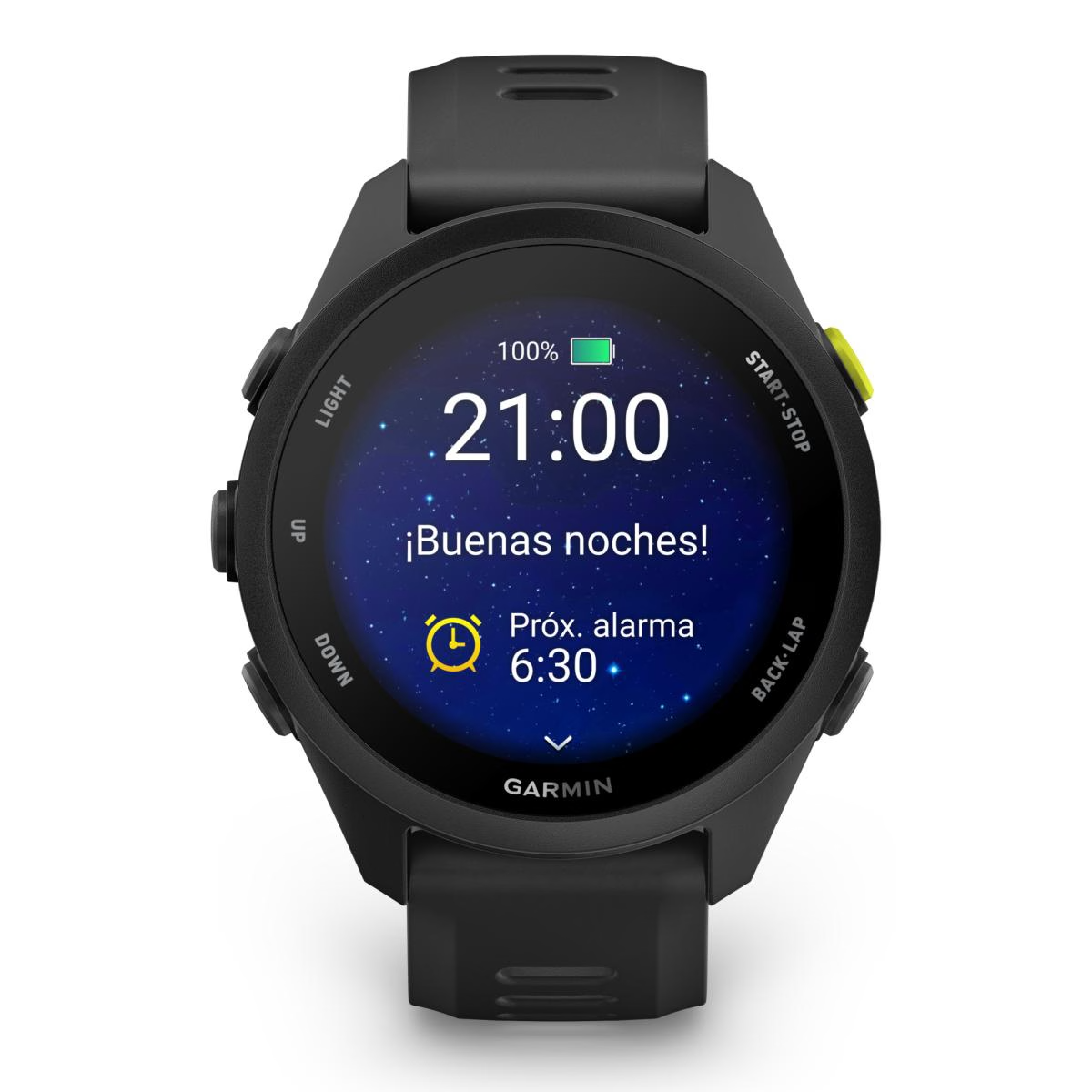 Un reloj inteligente Garmin negro muestra las 21:00 y 