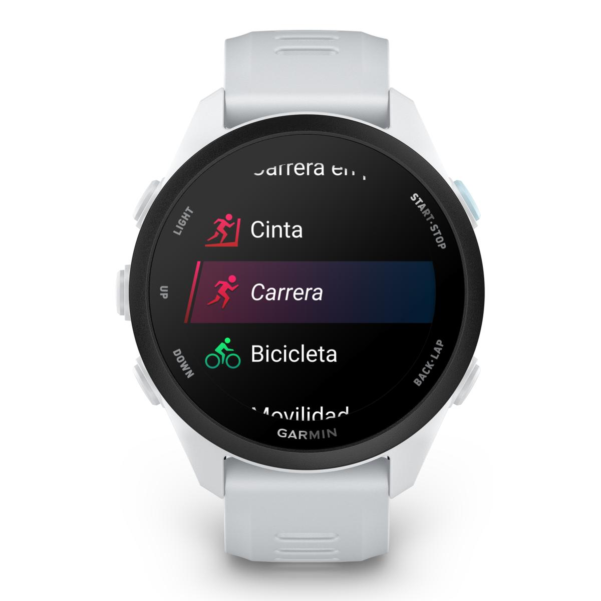 Reloj Garmin blanco mostrando opciones de actividad: Cinta, Carrera, Bicicleta, Movilidad.