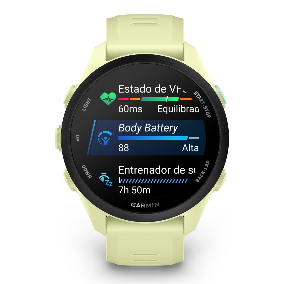 Reloj Garmin amarillo claro muestra Body Battery al 88, 7h 50m de sueño.