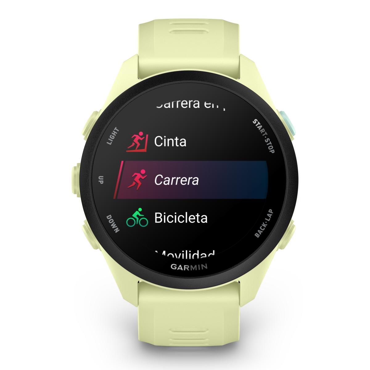 Reloj inteligente amarillo claro que muestra opciones para correr, ciclismo y cinta.