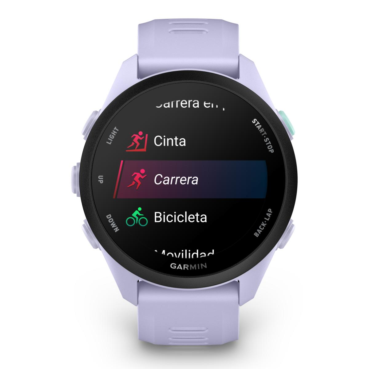 Un reloj Garmin morado claro muestra opciones de actividad: Cinta, Carrera, Bicicleta.