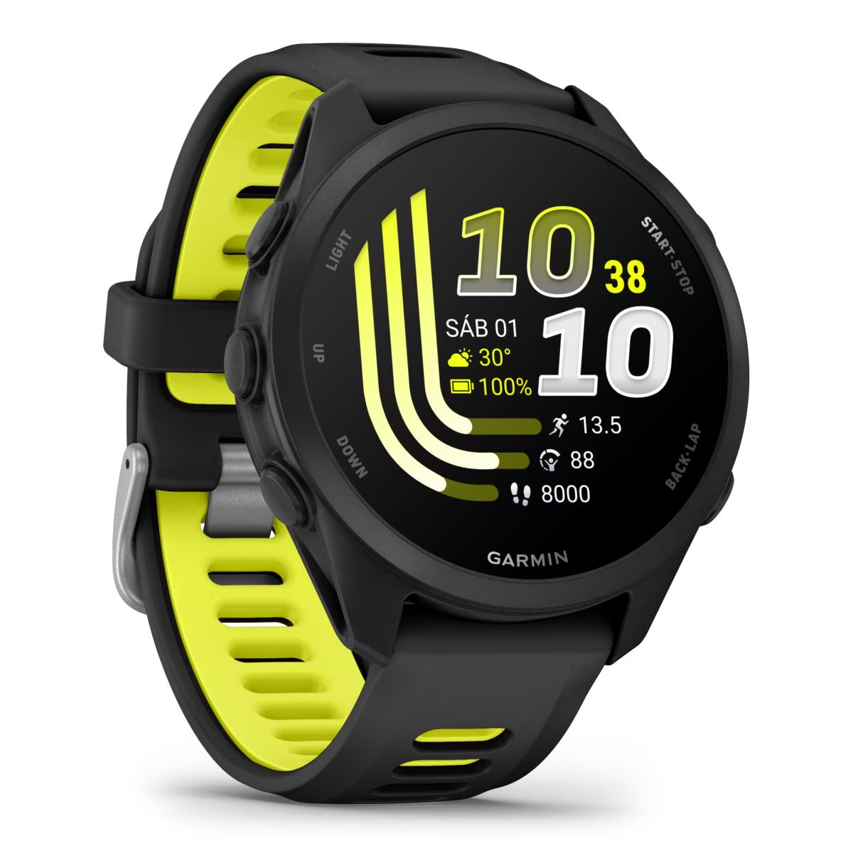 Reloj deportivo negro con detalles amarillos y pantalla digital.