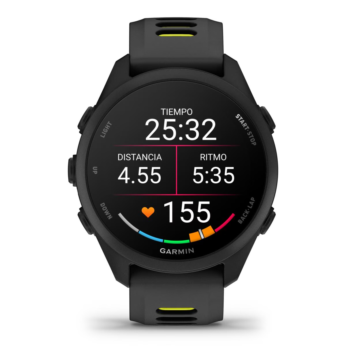 Reloj inteligente Garmin negro muestra tiempo, distancia, ritmo y FC.