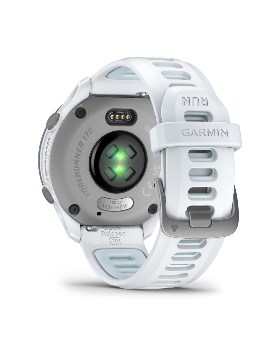 Reloj Garmin Forerunner 170 blanco con sensor de ritmo cardíaco y correa de liberación rápida.